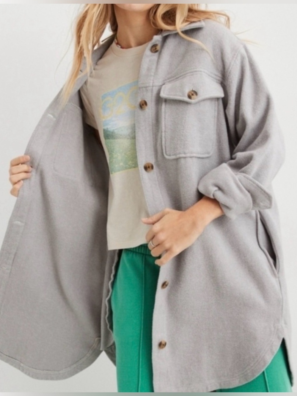 aerie Light Gray Long Button-Front Shacket